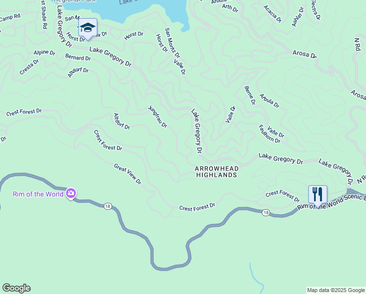 map of restaurants, bars, coffee shops, grocery stores, and more near 24657 Bernard Drive in Crestline