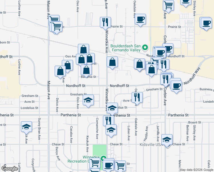 map of restaurants, bars, coffee shops, grocery stores, and more near 10997 Winnetka Avenue in Los Angeles