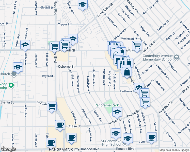 map of restaurants, bars, coffee shops, grocery stores, and more near 8900 Hazeltine Avenue in Los Angeles