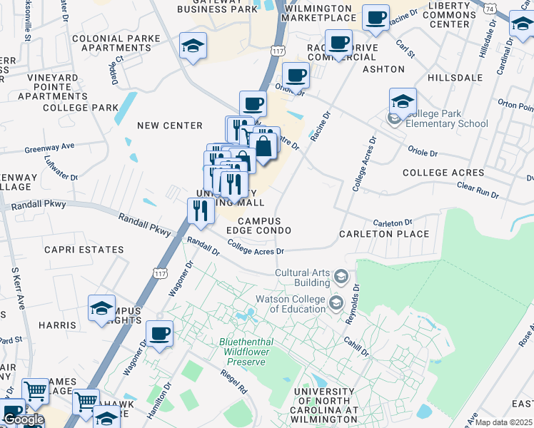 map of restaurants, bars, coffee shops, grocery stores, and more near 448 Racine Drive in Wilmington