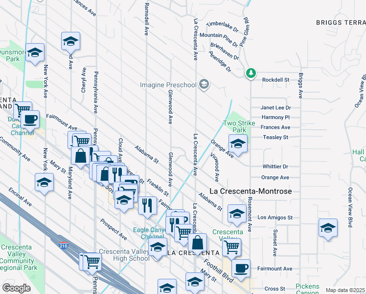 map of restaurants, bars, coffee shops, grocery stores, and more near 2849 El Caminito in La Crescenta-Montrose