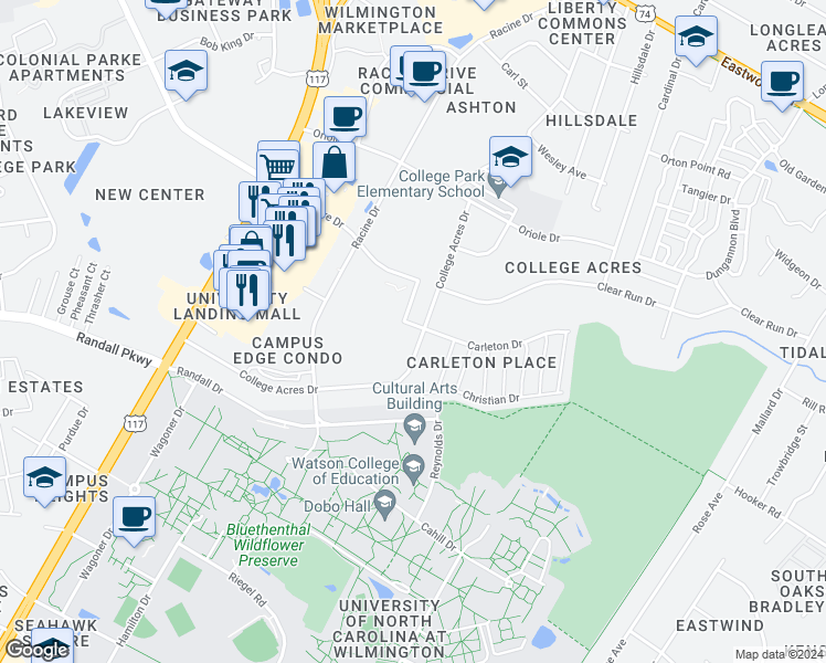 map of restaurants, bars, coffee shops, grocery stores, and more near 4857 College Acres Drive in Wilmington