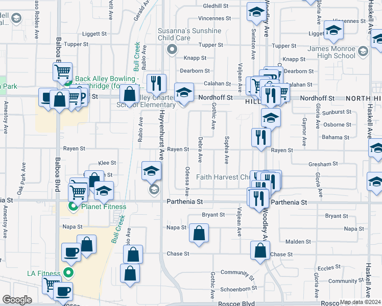 map of restaurants, bars, coffee shops, grocery stores, and more near 16462 Rayen Street in Los Angeles