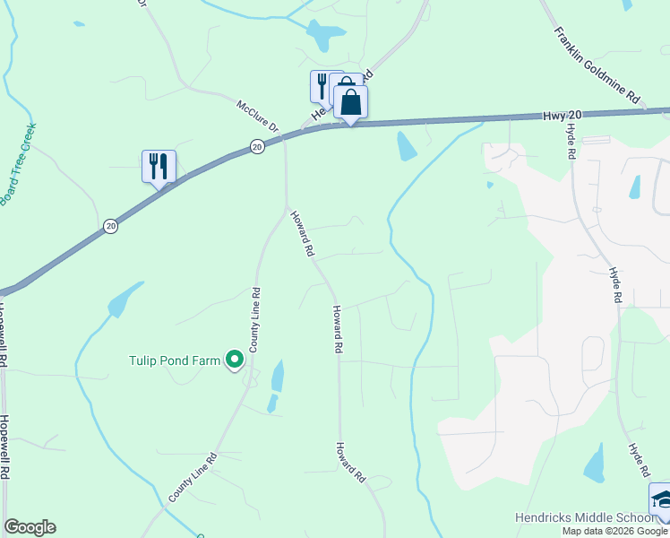 map of restaurants, bars, coffee shops, grocery stores, and more near 5590 Howard Road in Cumming