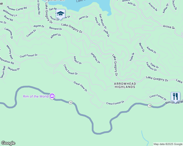 map of restaurants, bars, coffee shops, grocery stores, and more near 24514 Albrun Drive in Crestline