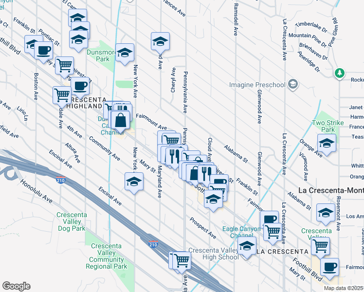 map of restaurants, bars, coffee shops, grocery stores, and more near 3205 Fairesta Street in Glendale