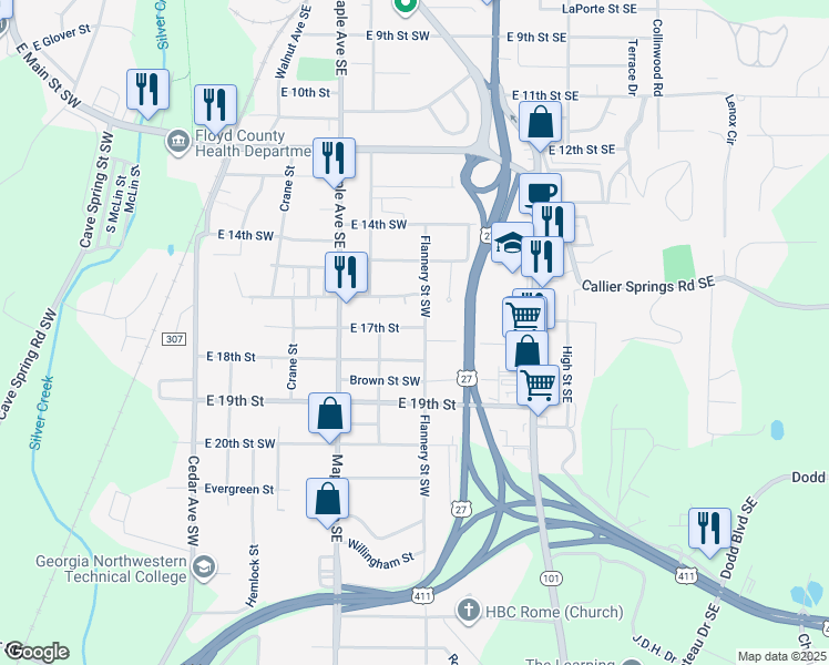 map of restaurants, bars, coffee shops, grocery stores, and more near 414 East 17th Street in Rome