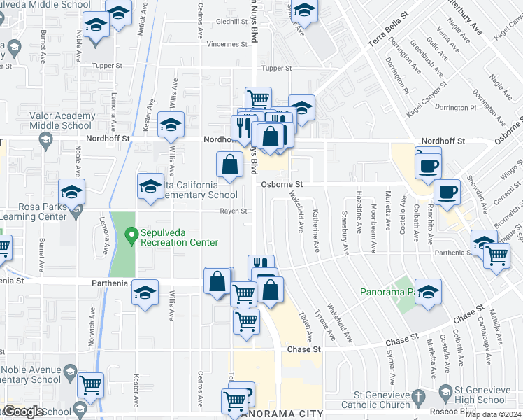 map of restaurants, bars, coffee shops, grocery stores, and more near 8862 Van Nuys Boulevard in Los Angeles
