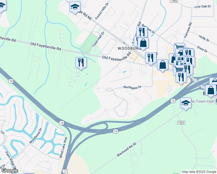 map of restaurants, bars, coffee shops, grocery stores, and more near 1636 Sugarberry Circle in Leland