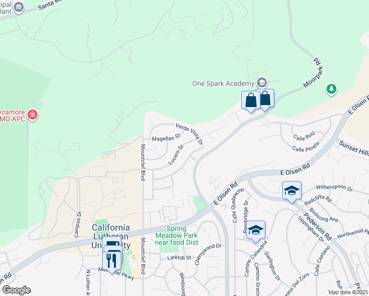 map of restaurants, bars, coffee shops, grocery stores, and more near 190 Lucero Street in Thousand Oaks