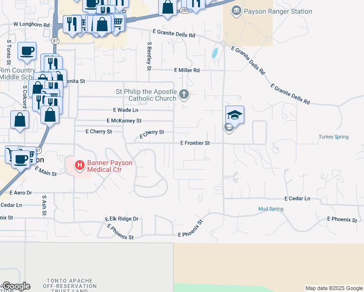 map of restaurants, bars, coffee shops, grocery stores, and more near 36 East Frontier Street in Payson