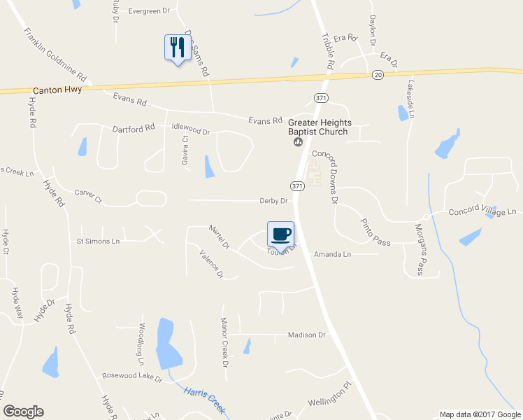 map of restaurants, bars, coffee shops, grocery stores, and more near 3955 Derby Drive in Cumming