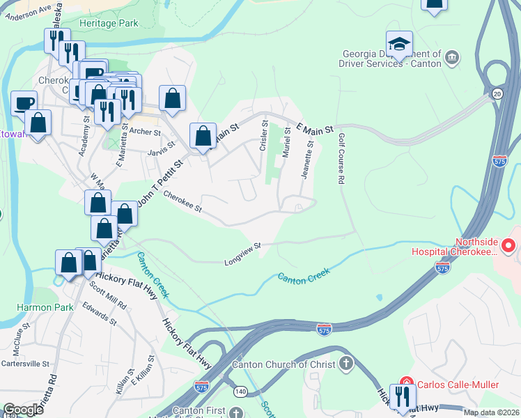 map of restaurants, bars, coffee shops, grocery stores, and more near 430 Cherokee Street in Canton