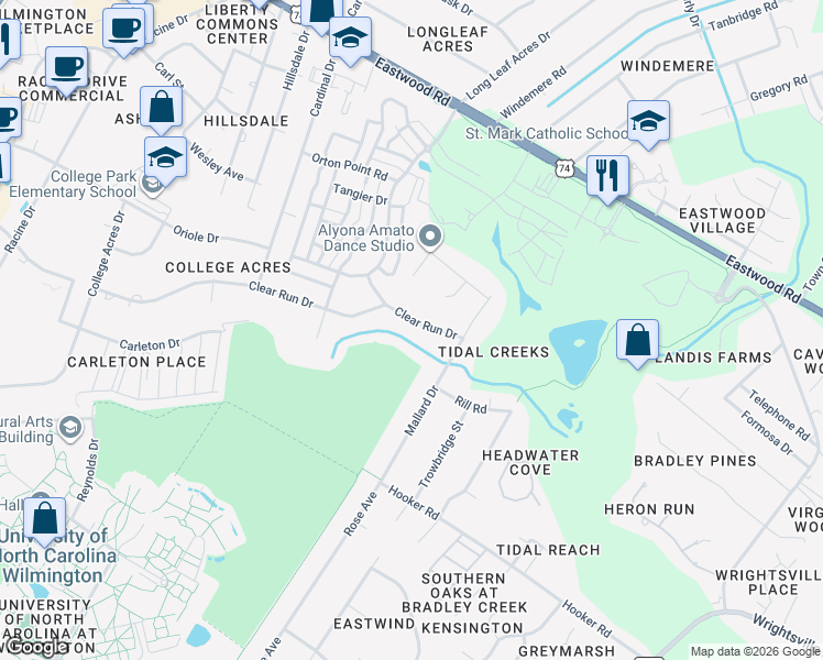 map of restaurants, bars, coffee shops, grocery stores, and more near 5412 Clear Run Drive in Wilmington