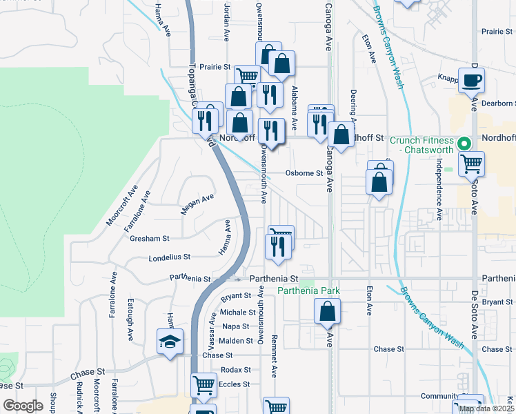map of restaurants, bars, coffee shops, grocery stores, and more near 8900 Topanga Canyon Boulevard in Los Angeles