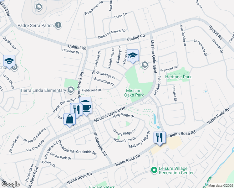 map of restaurants, bars, coffee shops, grocery stores, and more near 5576 Butterfield Street in Camarillo