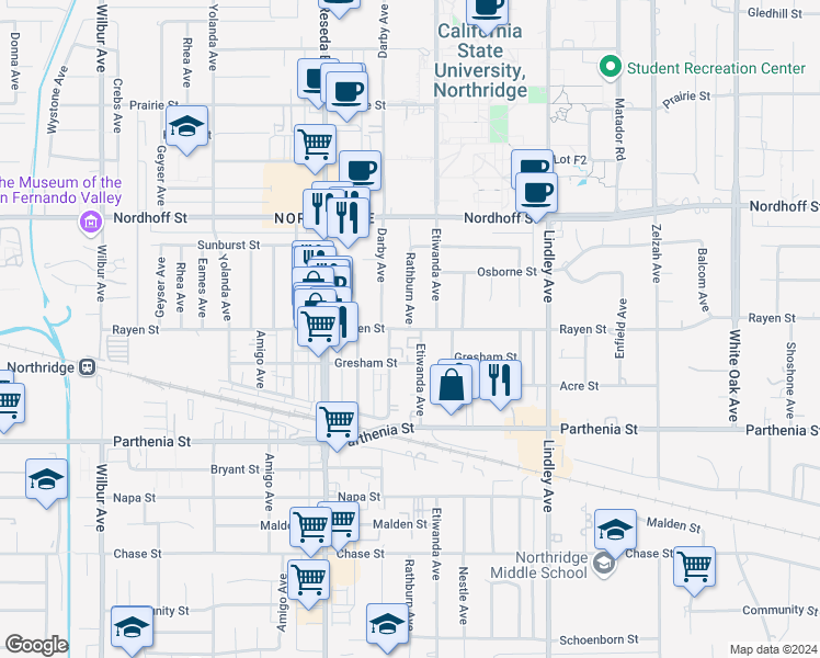 map of restaurants, bars, coffee shops, grocery stores, and more near Rayen Street & Rathburn Avenue in Los Angeles