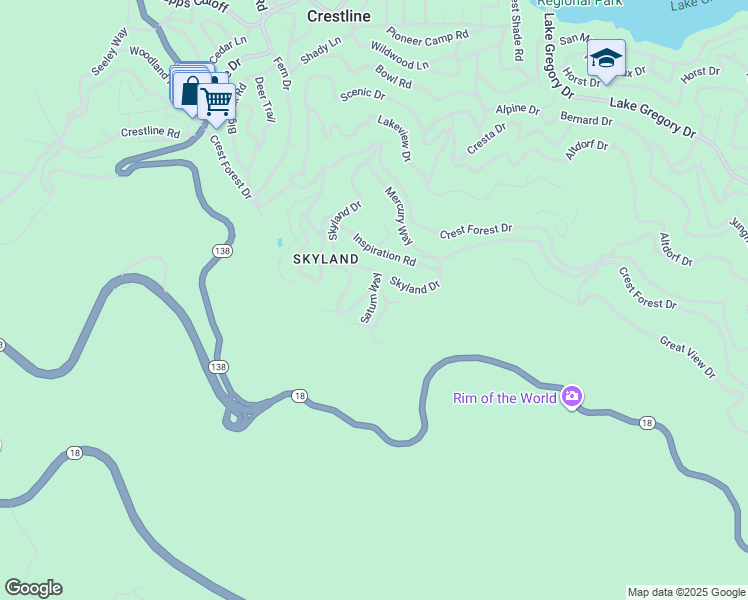 map of restaurants, bars, coffee shops, grocery stores, and more near Saturn Way in Crestline