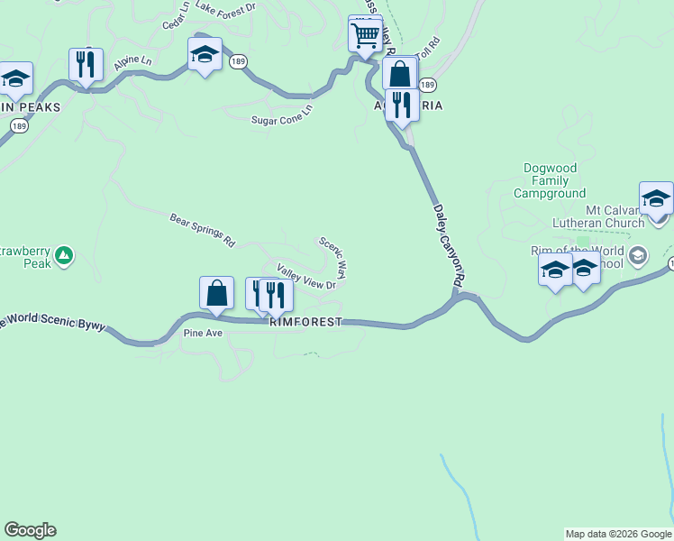 map of restaurants, bars, coffee shops, grocery stores, and more near 26652 Valley View Drive in Rimforest
