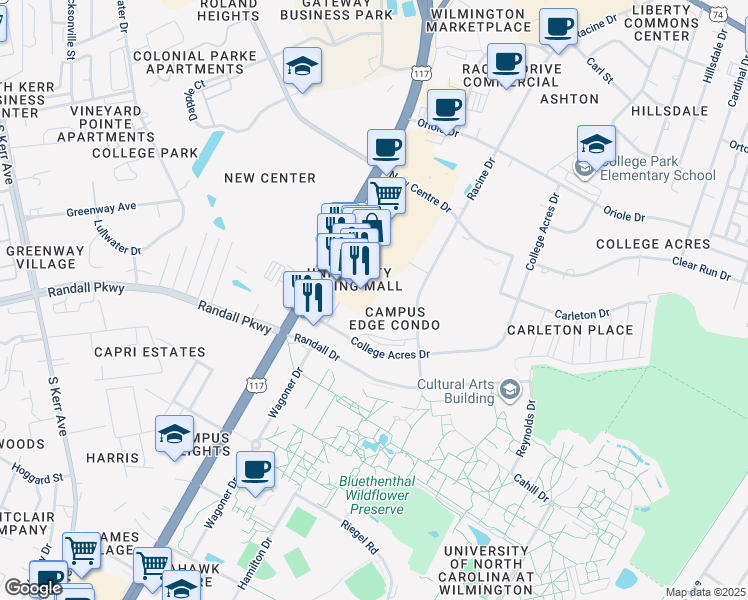 map of restaurants, bars, coffee shops, grocery stores, and more near 400 Racine Drive in Wilmington