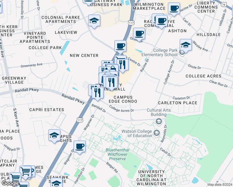 map of restaurants, bars, coffee shops, grocery stores, and more near 454 Racine Drive in Wilmington