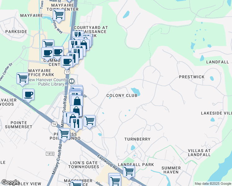map of restaurants, bars, coffee shops, grocery stores, and more near 1728 Signature Place in Wilmington