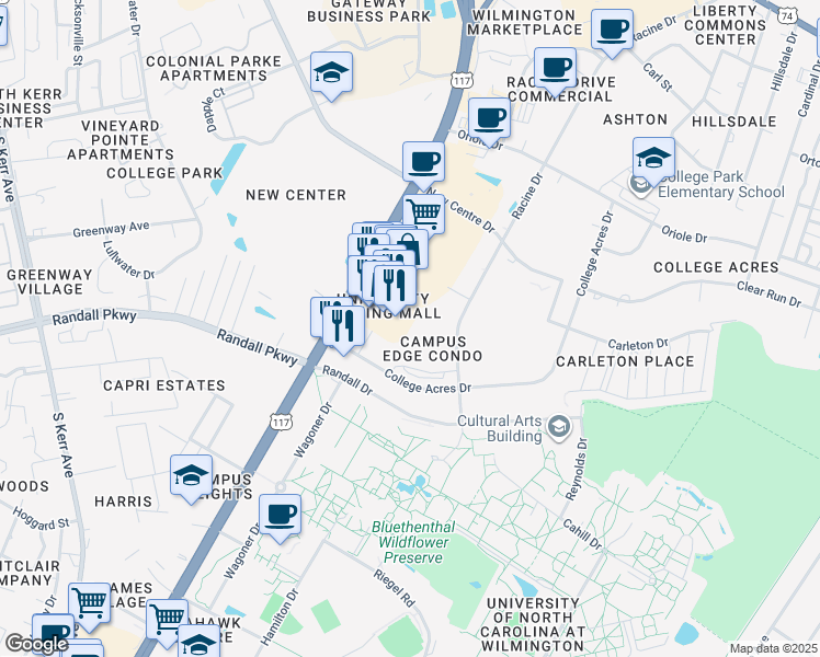 map of restaurants, bars, coffee shops, grocery stores, and more near 400 Racine Drive in Wilmington