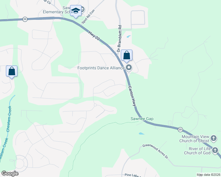 map of restaurants, bars, coffee shops, grocery stores, and more near 1225 Crestbrook Drive in Cumming