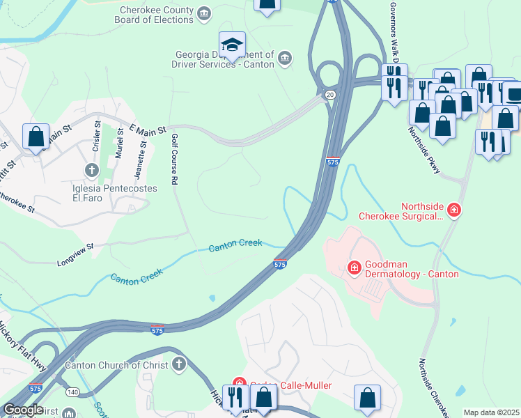 map of restaurants, bars, coffee shops, grocery stores, and more near 357 Breeze Hill Lane in Canton