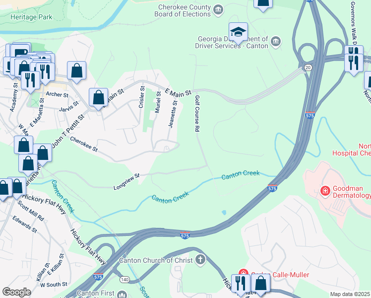 map of restaurants, bars, coffee shops, grocery stores, and more near Hospital Circle in Canton