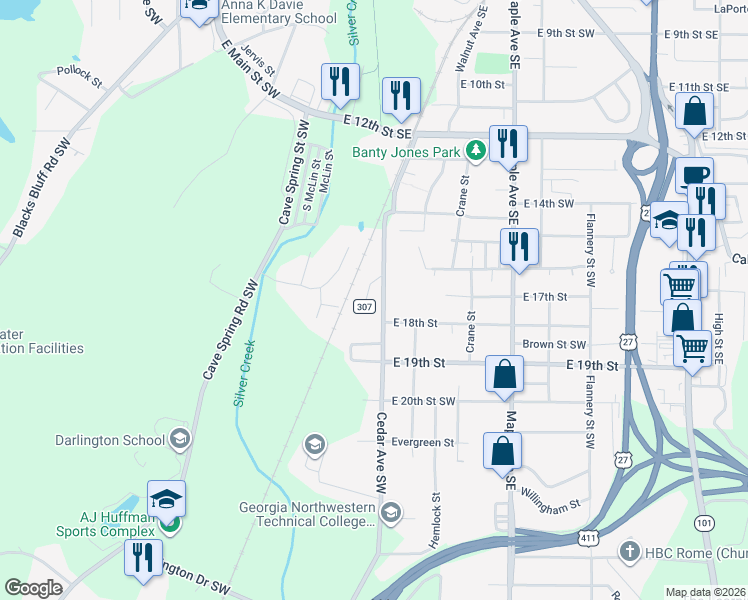 map of restaurants, bars, coffee shops, grocery stores, and more near 412 Cedar Avenue Southwest in Rome