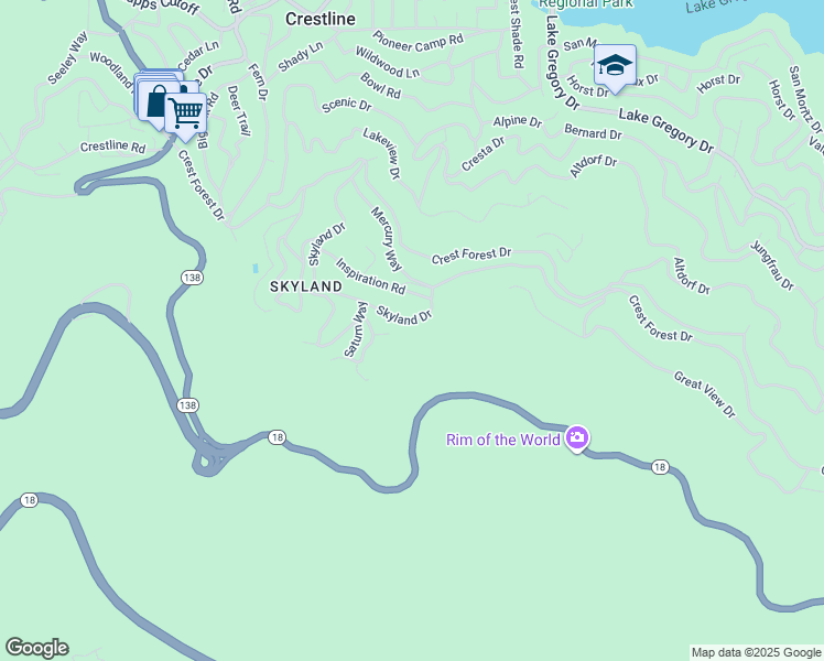 map of restaurants, bars, coffee shops, grocery stores, and more near 23903 Skyland Drive in Crestline