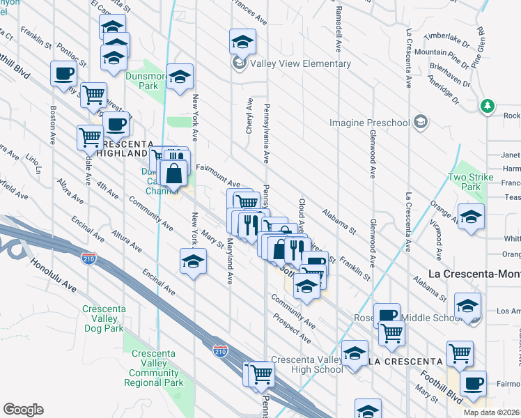 map of restaurants, bars, coffee shops, grocery stores, and more near 3211 Fairesta Street in Glendale