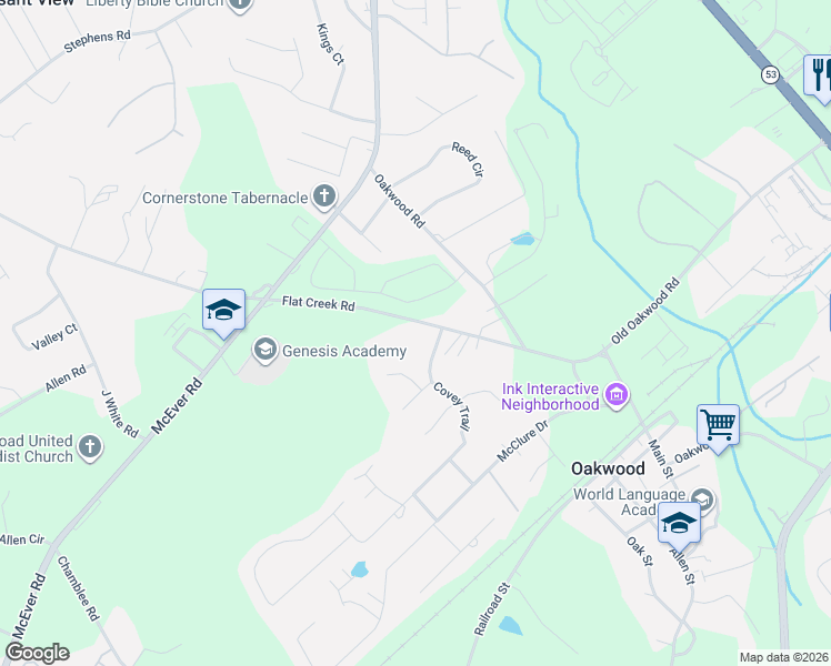 map of restaurants, bars, coffee shops, grocery stores, and more near 4018 Covey Trail in Oakwood