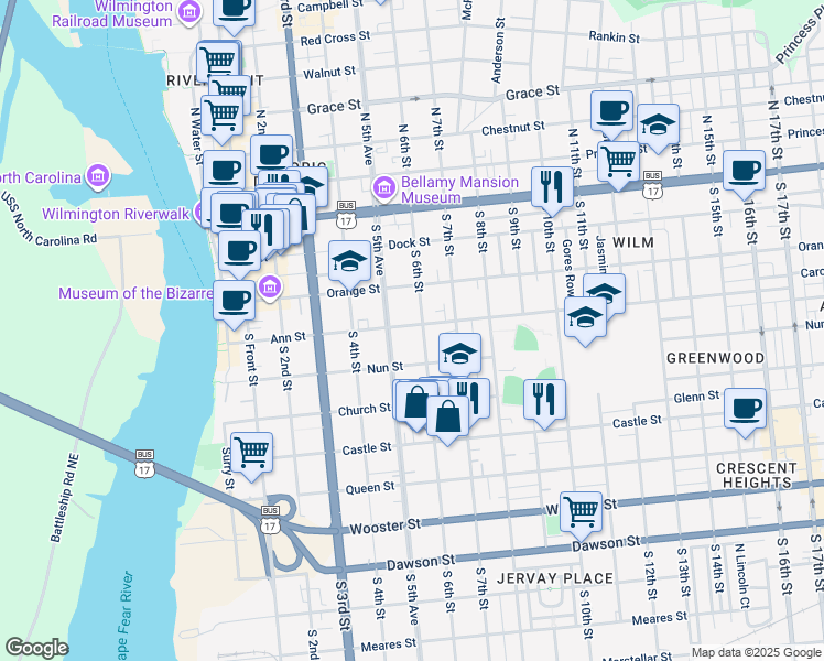 map of restaurants, bars, coffee shops, grocery stores, and more near 516 Ann Street in Wilmington