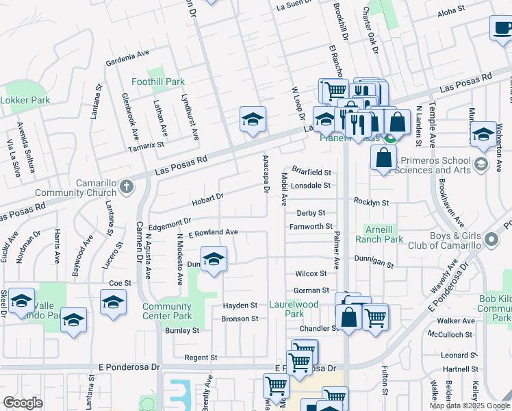 map of restaurants, bars, coffee shops, grocery stores, and more near 1464 Mandalay Court in Camarillo