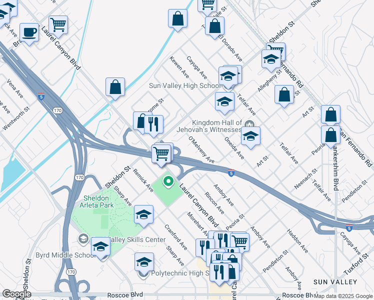 map of restaurants, bars, coffee shops, grocery stores, and more near 12260 Allegheny Street in Los Angeles