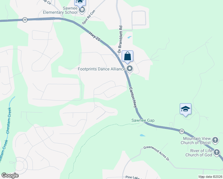 map of restaurants, bars, coffee shops, grocery stores, and more near 1225 Crestbrook Drive in Cumming