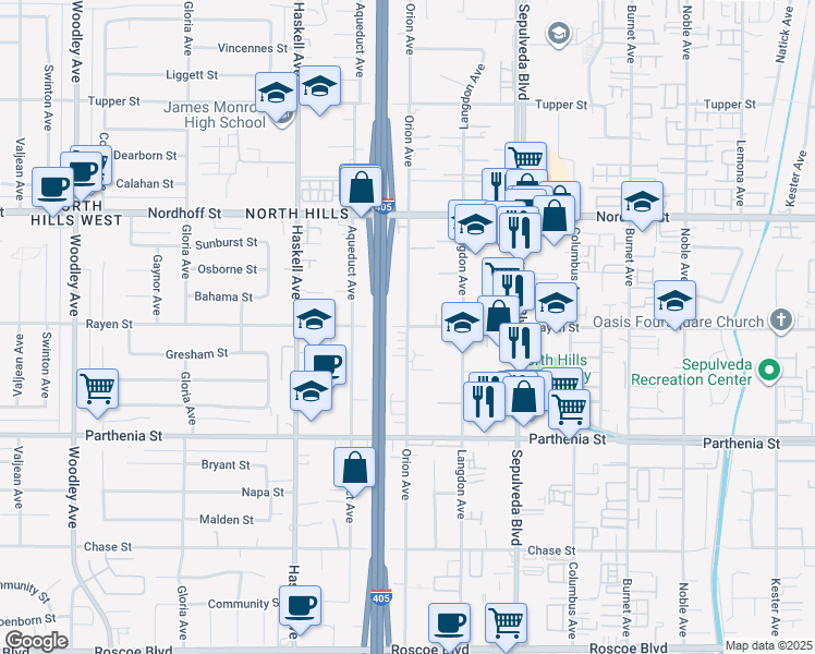 map of restaurants, bars, coffee shops, grocery stores, and more near Rayen Street & Orion Avenue in Los Angeles