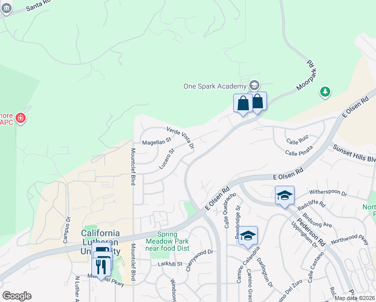 map of restaurants, bars, coffee shops, grocery stores, and more near 249 Verde Vista Drive in Thousand Oaks