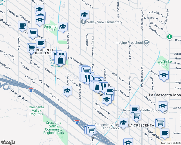 map of restaurants, bars, coffee shops, grocery stores, and more near 3211 Fairesta Street in Glendale