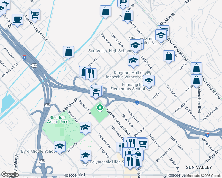 map of restaurants, bars, coffee shops, grocery stores, and more near 12260 Allegheny Street in Los Angeles