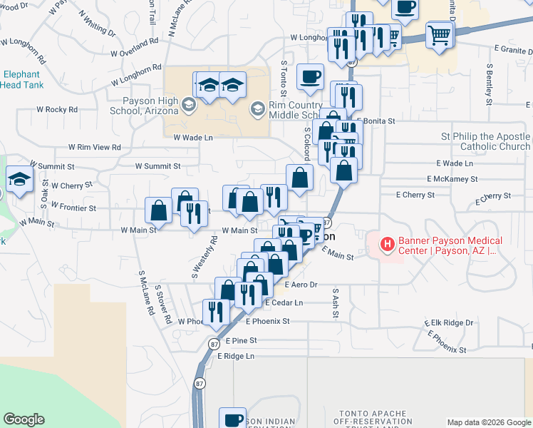 map of restaurants, bars, coffee shops, grocery stores, and more near 212 South Meadows Street in Payson