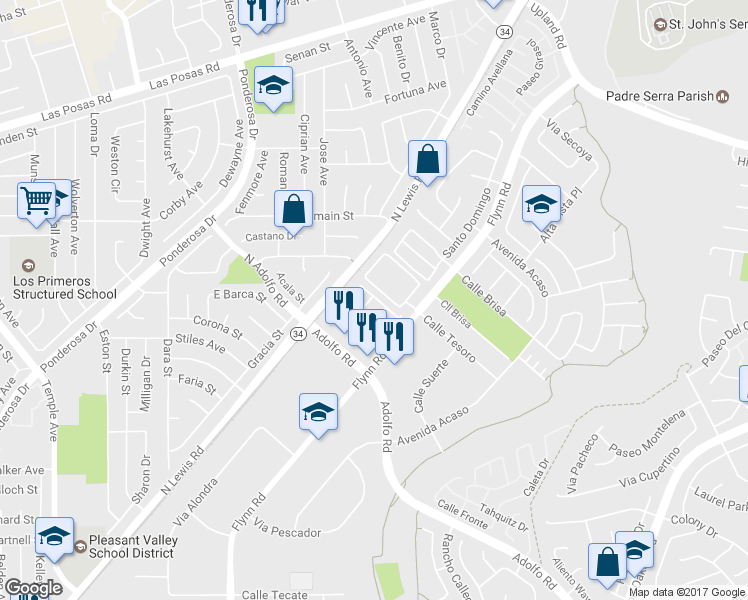map of restaurants, bars, coffee shops, grocery stores, and more near 4578 Via Presidio in Camarillo