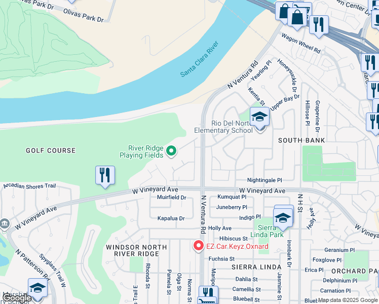 map of restaurants, bars, coffee shops, grocery stores, and more near 2355 Nicklaus Street in Oxnard