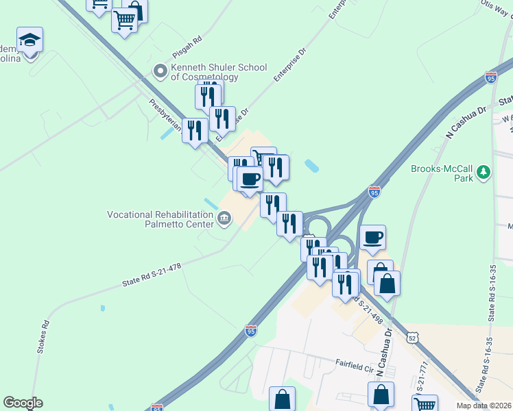map of restaurants, bars, coffee shops, grocery stores, and more near 1735 Stokes Road in Florence