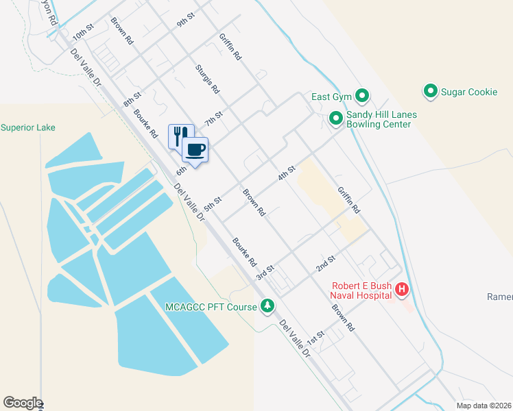 map of restaurants, bars, coffee shops, grocery stores, and more near Brown Road in Twentynine Palms