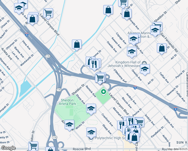 map of restaurants, bars, coffee shops, grocery stores, and more near Sheldon St & N Laurel Canyon Blvd in Los Angeles