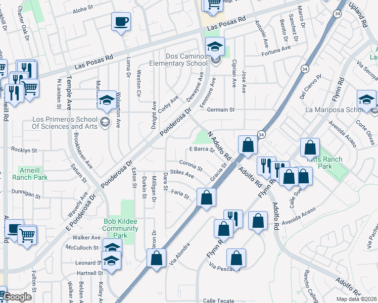 map of restaurants, bars, coffee shops, grocery stores, and more near 1494 East Barca Street in Camarillo