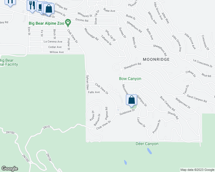 map of restaurants, bars, coffee shops, grocery stores, and more near 43069 Goldmine Woods Lane in Big Bear Lake